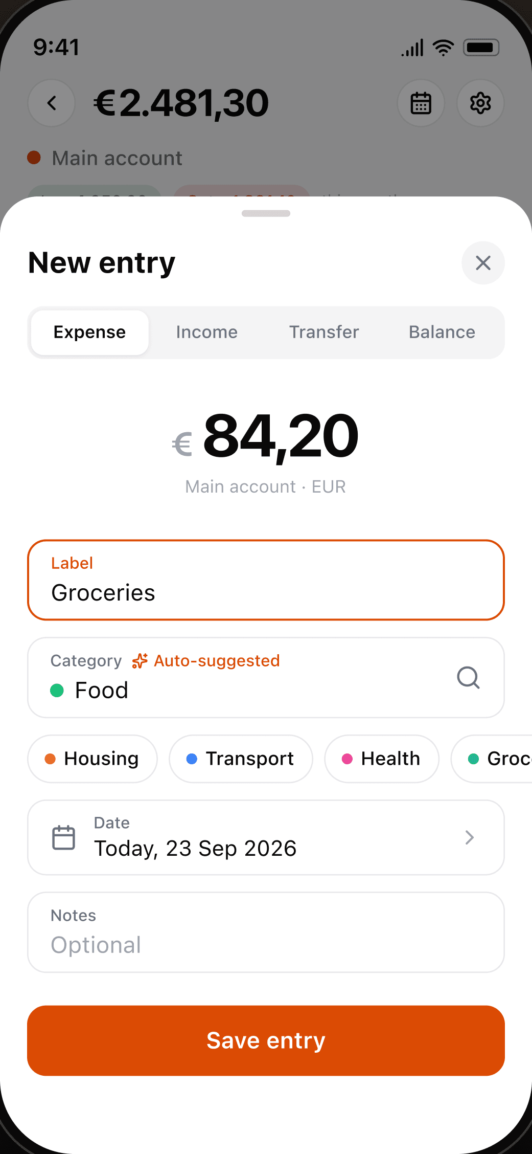 Kaldo new entry sheet with an amount, a label and an auto-suggested category