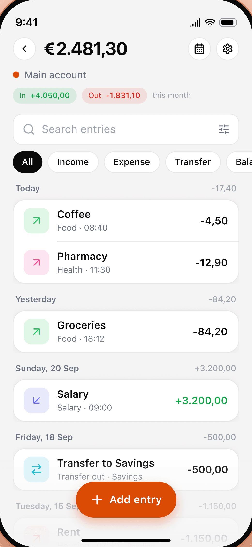 Kaldo wallet screen with entries grouped by day and filter chips