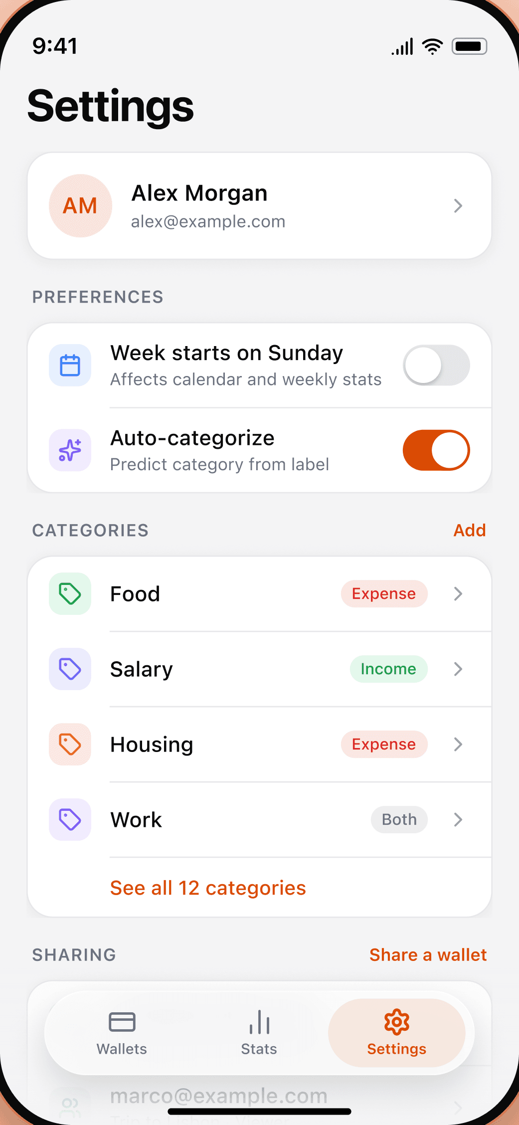 Kaldo settings screen with preferences, categories and wallet sharing