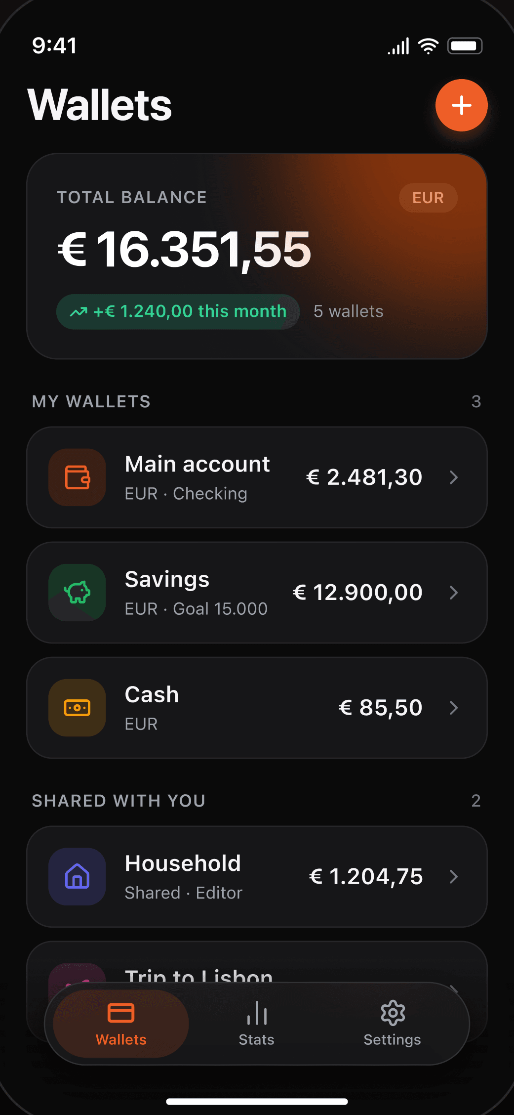 Kaldo wallets screen in the other colour theme