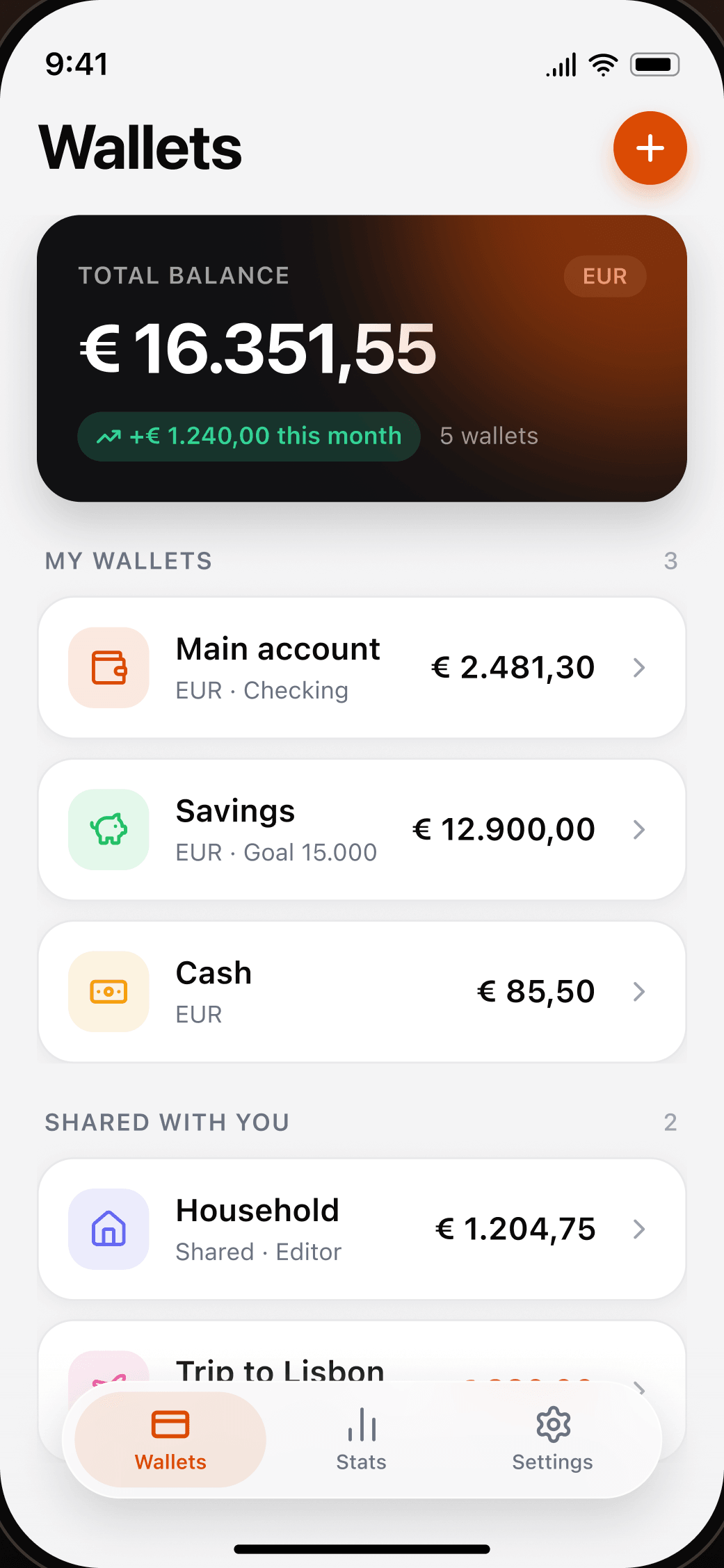 Kaldo wallets screen with a total balance and wallet list